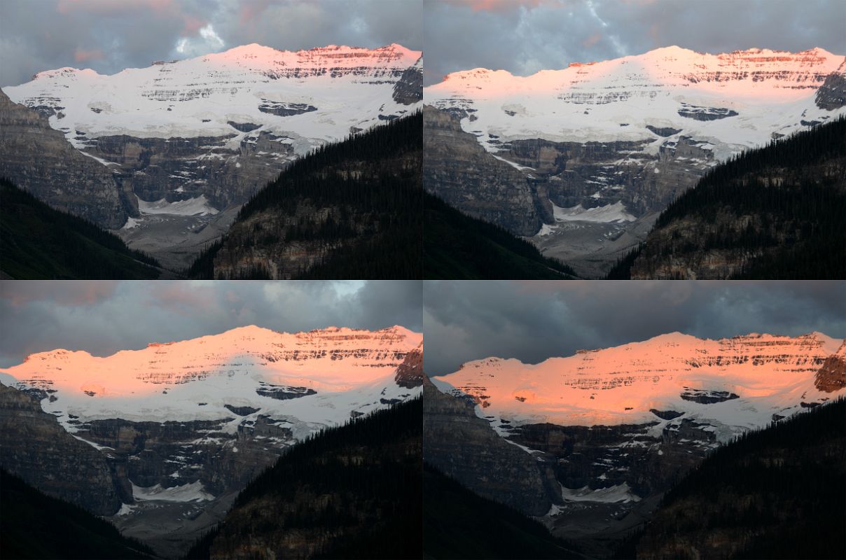 25 First Rays Of Sunrise Quickly Burn Mount Victoria Yellow Orange Close Up From Lake Louise